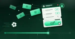 Tummanvihreällä jalkapallokentällä ottelun aikajana on vasta noin kahden kolmasosan kohdalla, kun kursori painaa vedonlyöntikupongin hehkuvaa cash out -painiketta ja kupongista lentää seteleitä, mikä havainnollistaa vedon kotiuttamista ennen ottelun loppua.