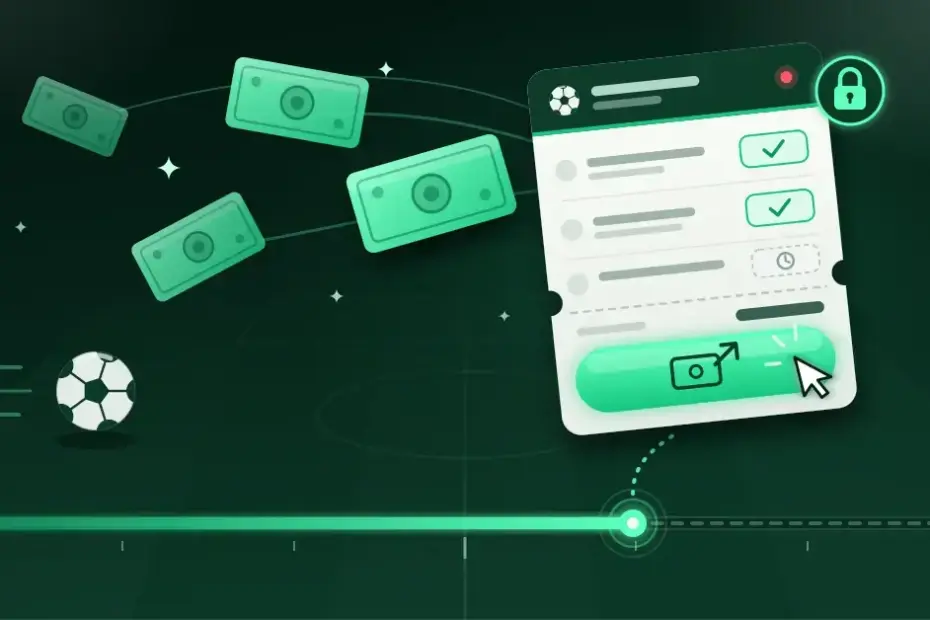 Tummanvihreällä jalkapallokentällä ottelun aikajana on vasta noin kahden kolmasosan kohdalla, kun kursori painaa vedonlyöntikupongin hehkuvaa cash out -painiketta ja kupongista lentää seteleitä, mikä havainnollistaa vedon kotiuttamista ennen ottelun loppua.