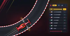 Punainen F1-auto ylittää ruudullisen maaliviivan kaartuvalla radalla, ja sen vieressä tumma livepaneeli havainnollistaa kuljettajien sarjataulukkoa pistepalkkien ja sijoitusmuutoksia osoittavien nuolten avulla.
