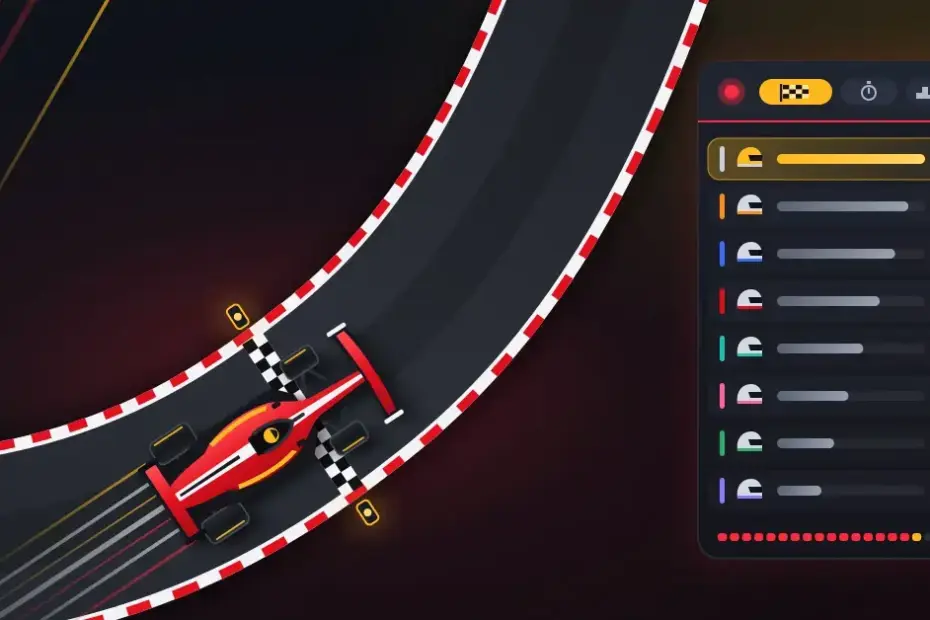 Punainen F1-auto ylittää ruudullisen maaliviivan kaartuvalla radalla, ja sen vieressä tumma livepaneeli havainnollistaa kuljettajien sarjataulukkoa pistepalkkien ja sijoitusmuutoksia osoittavien nuolten avulla.