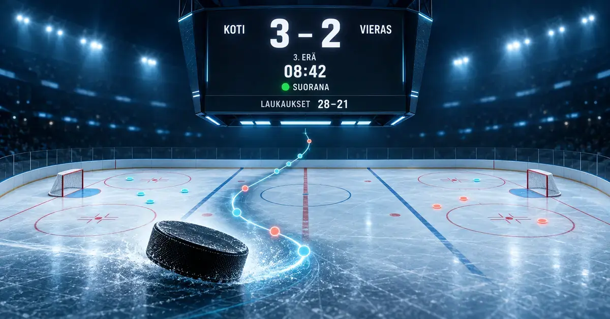 Jääkiekko jäällä, laukaisupaikkoja kuvaavat merkit ja tulostaulu, jossa näkyvät ottelun tilanne 3–2, peliaika ja laukausmäärät.