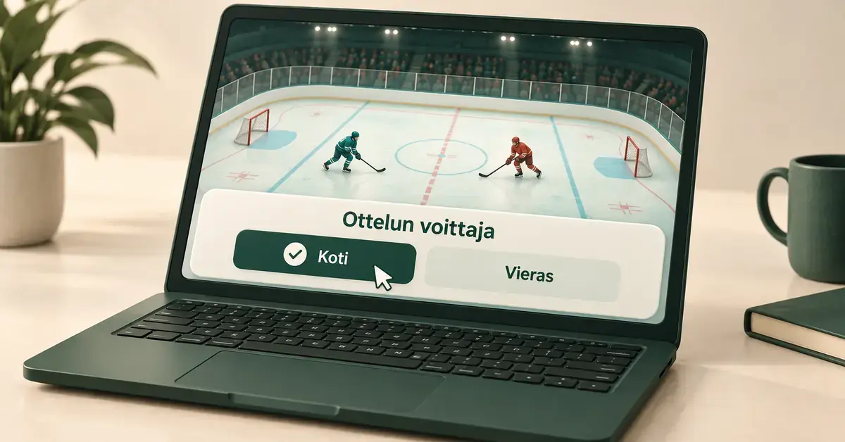 Kannettavan tietokoneen näytöllä näkyvät jääkiekkokaukalo ja ottelun voittajan vetovalinta, jossa kotijoukkue on valittu.