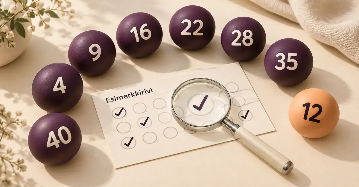 Seitsemän violettia lottopalloa ja oranssi lisänumeropallo ympäröivät esimerkkirivin tarkistuskorttia, jonka päällä oleva suurennuslasi korostaa tarkistusmerkkiä.