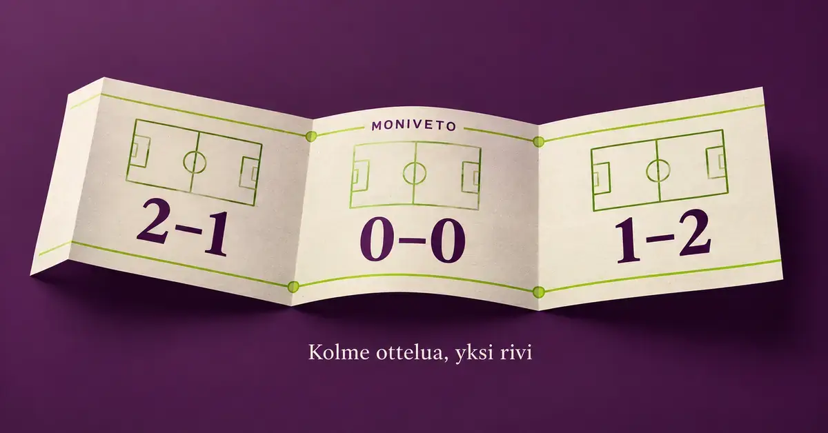 Taitettu Moniveto-rivi yhdistää kolmen jalkapallo-ottelun tulosveikkaukset 2–1, 0–0 ja 1–2 violetilla taustalla.