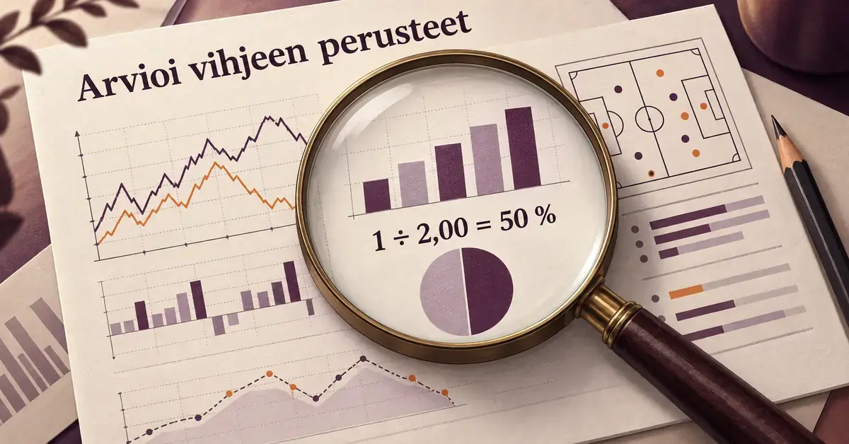 Suurennuslasi korostaa vedonlyöntivihjeiden arviointia kuvaavia tilastoja ja laskukaavaa 1 ÷ 2,00 = 50 % jalkapallokentän kaavion vieressä.
