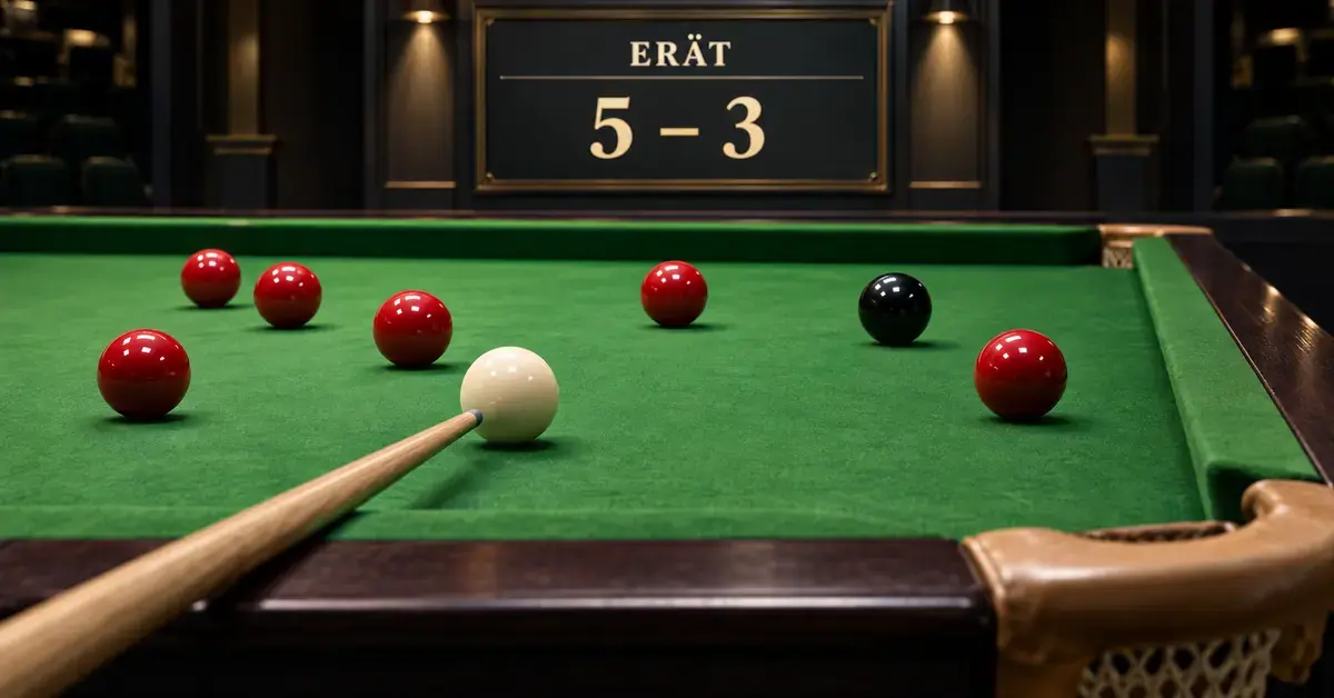 Snookerpöydällä on punaisia palloja, musta pallo ja valkoinen lyöntipallo sekä keppi, ja taustan tulostaulu näyttää erätilanteen 5–3.