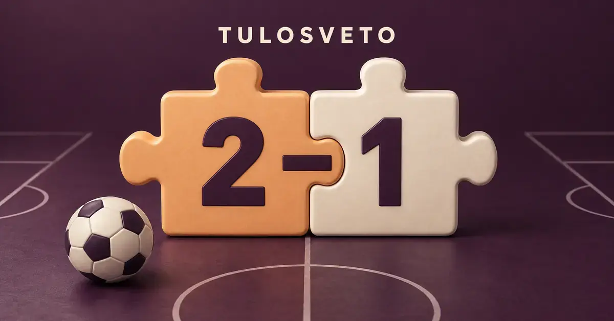 Yhteen sopivat palapelin palat muodostavat tuloksen 2–1 jalkapallon vieressä ja havainnollistavat ottelun tarkan lopputuloksen veikkaamista.