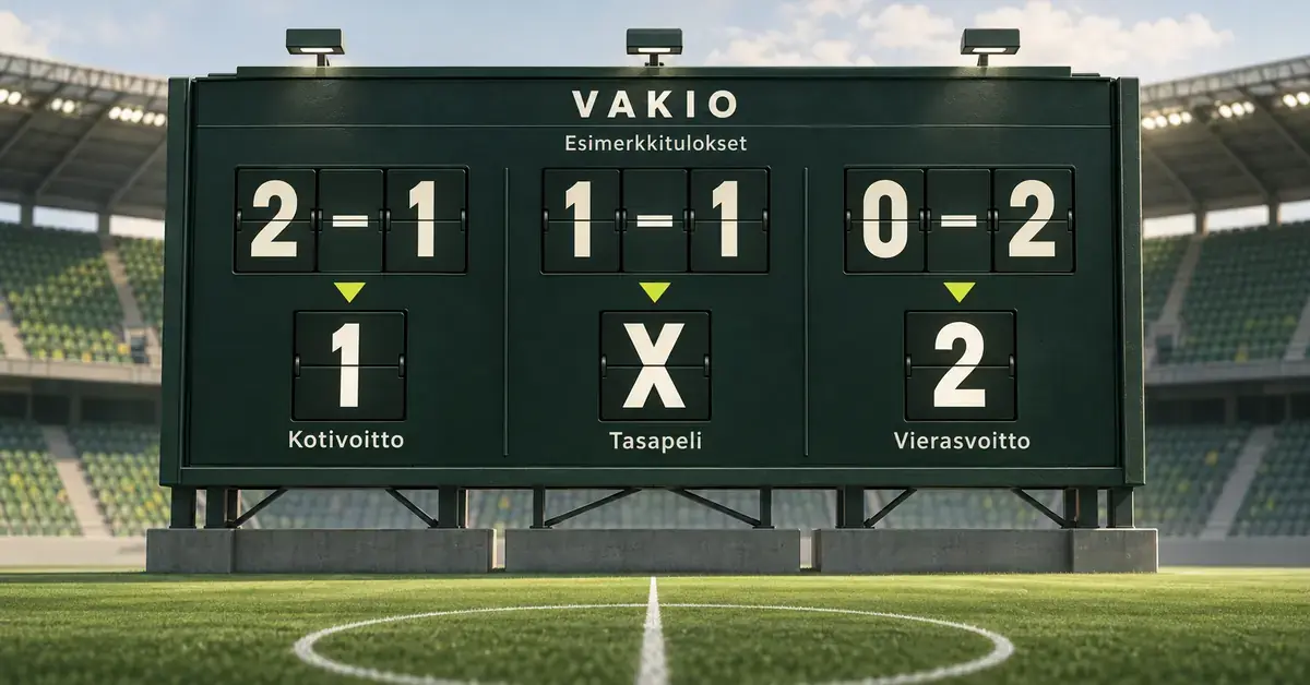 Jalkapallostadionin tulostaulu havainnollistaa Vakion merkinnät: 1 tarkoittaa kotivoittoa, X tasapeliä ja 2 vierasvoittoa.