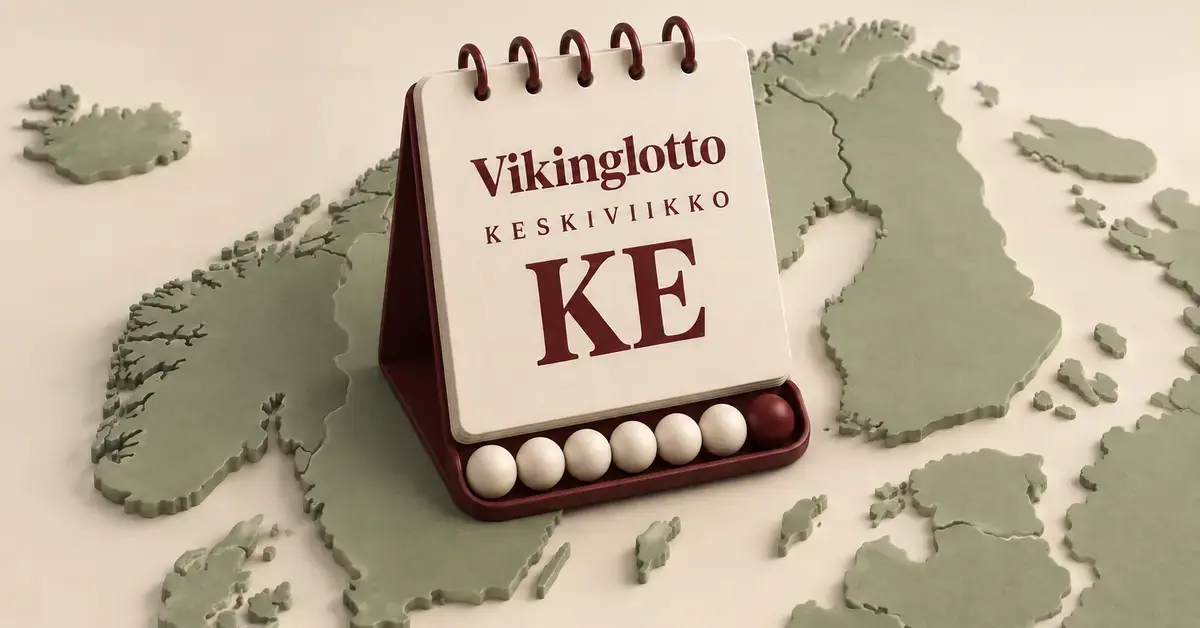 Vikingloton keskiviikkoarvontaa kuvaava pöytäkalenteri Pohjoismaiden kartan päällä sekä kuusi vaaleaa palloa ja yksi viininpunainen pallo.